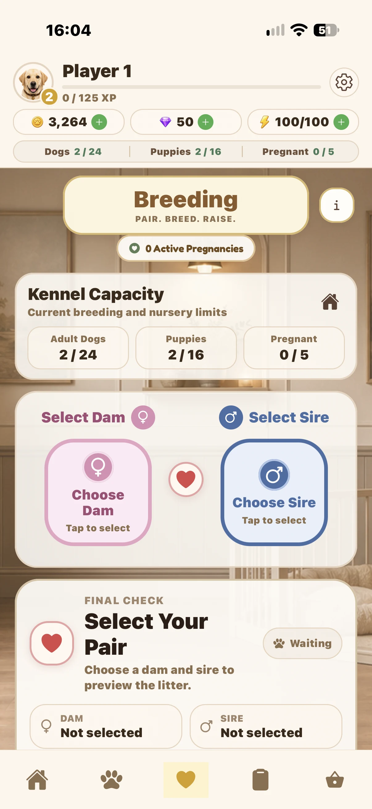 Breeding gameplay screen in My Kennel