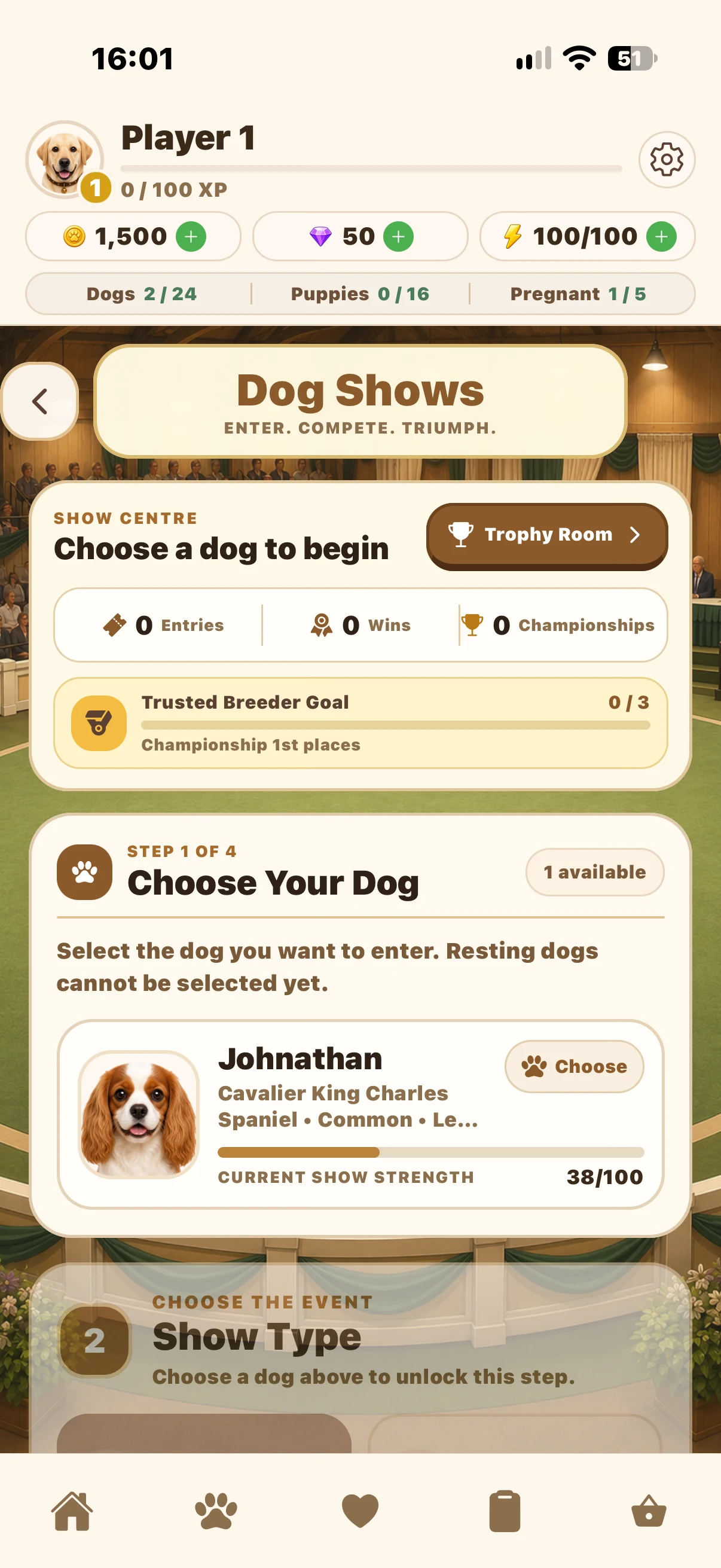 Dog Shows screen in My Kennel